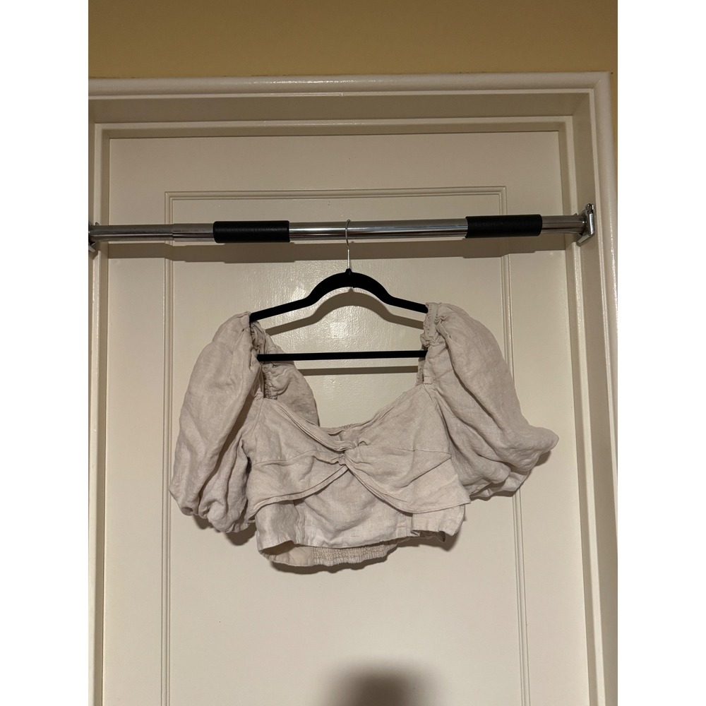 & Other Stories Linen Puff Sleeve Crop Top Beige Square Neck Blouse‎